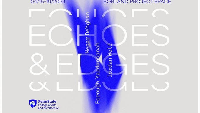A blue and white poster for the "Echoes and Edges" exhibition