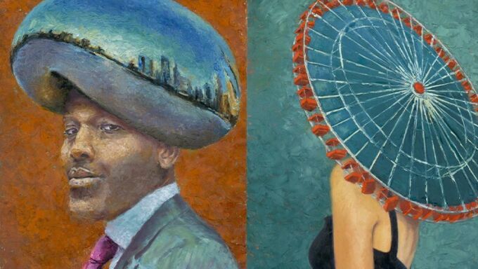 side by side images with one being a black man in a suit wearing the Chicago Bean on his head the other is if a woman wearing a Ferris wheel on her head
