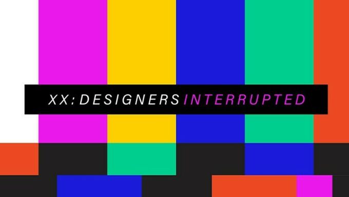 The promotional image for XX Design Interrupted designed to be a screen of vertical different color stripes to look lie a television error page.