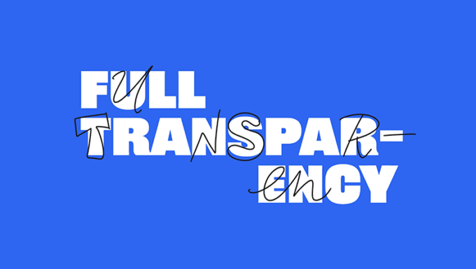 The words Full Transparency in bold white text on a blue background.