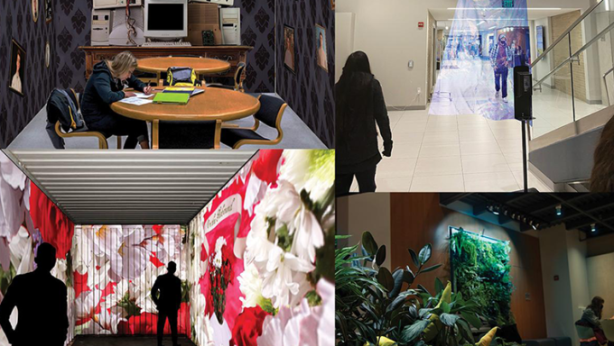 Four student designs of immersive experiences on display in the Penn State Libraries.