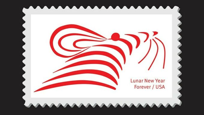 A postage stamp designed like the face of a rat in red stripes with the words Lunar New Year Forever / USA in red on a white background.