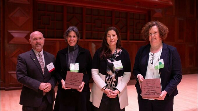 Lisa Iulo, director of the Hamer Center for Community Design (second from left) and Colleen Ritter, executive director of the State College Community Land Trust (far right) accept their award from 10,0000 Friends of Pennsylvania Board Chair Bert Cossaboon and President/CEO Stacie Reidenbaugh.