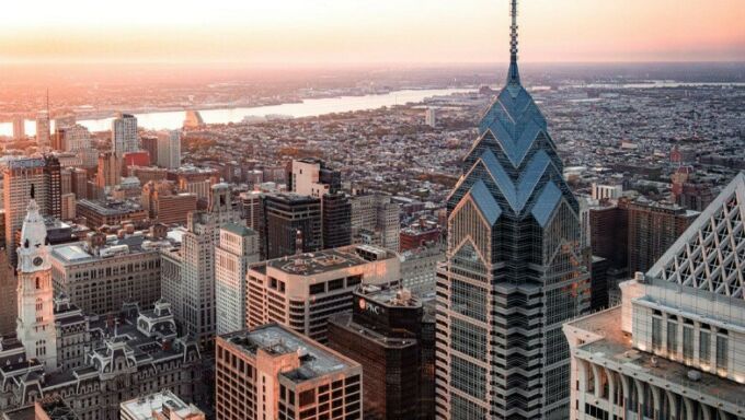 An aerial view of the Philadelphia skyline.