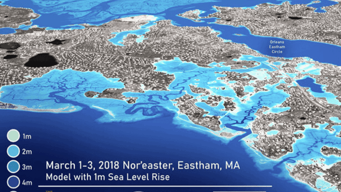 Realistic 3D visualization for Eastham, Massachusetts, along the Cape Cod National Seashore using Advanced Circulation (ADCIRC) modeling results of the March 2018 Nor'easter with 1.0 m sea level rise.