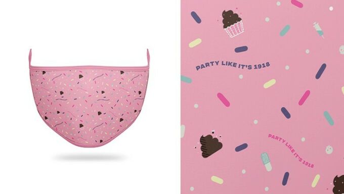 A split screen image of a pink face mask with the slogan Party Like it's 1918 featured among pieces of confetti at left. A closeup of the mask is on the right.