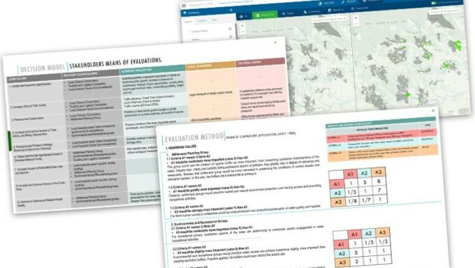 Collage of geodesign decision model and evaluation method documents with GeoPlanner software screen capture showing map data.