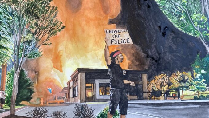 Painting by Rudy Shepherd of a Black man holding a "Prosecute the police" sign over his head, with a burning building in the background.
