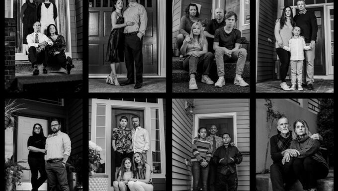 Black and white collage of family portraits taken on each family's front porch during the shelter-in-place orders.