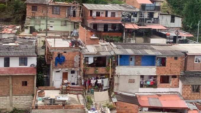 A cluster of houses nearly on top of one another in Medellín, Colombia.