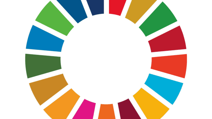 Graphic of a multicolor segmented "Sustainability Wheel"
