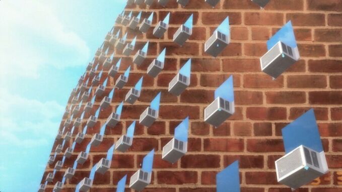 A graphic illustration depicts air conditioners evenly spaced on a brick wall.