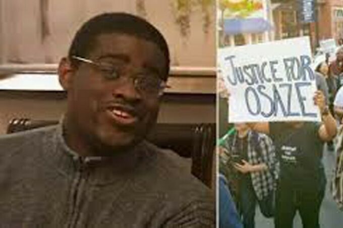 Photo image of Osaze Osagie and a banner with "Justice for Osaze."