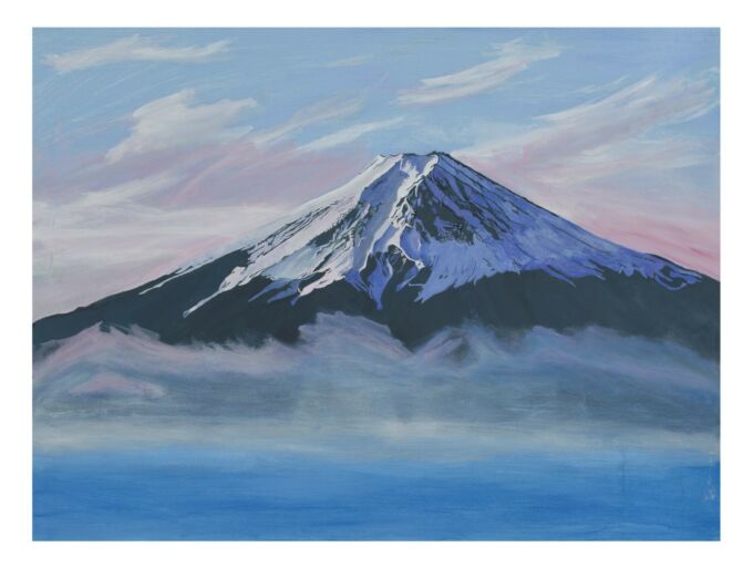Painting of a snow-capped mountain.