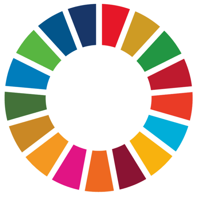 Wheel of rainbow-colored bars representing sustainability