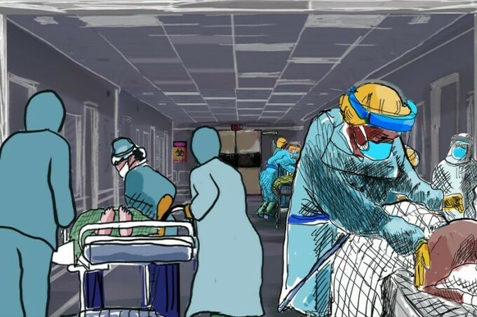 Animation of nurses wearing blue gowns and PPE