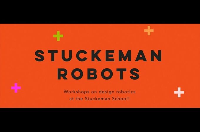 Orange background with Stuckeman Robots appearing in bold black text with the smaller text Workshops on design robots at the Stuckeman School under it.