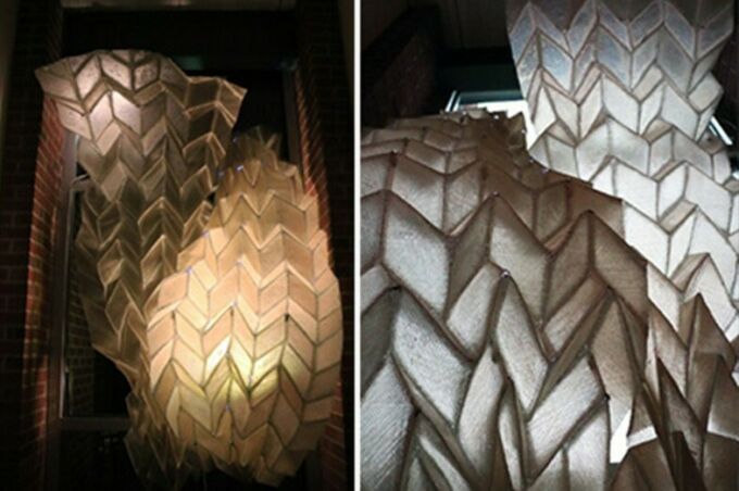 The Phototropic Origami Fiber Composite Structure that Felecia Davis has developed is pictured during the evening, at left, and during the day.