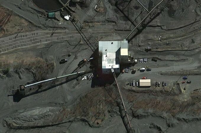 An aerial view of an operating open-pit anthracite mine in Tamaqua, Schuylkill County, Pennsylvania.