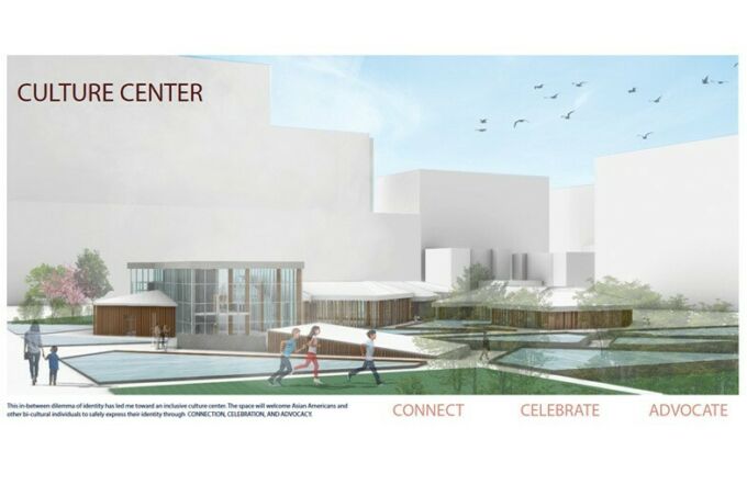 Architectural rendering of a cultural center building.