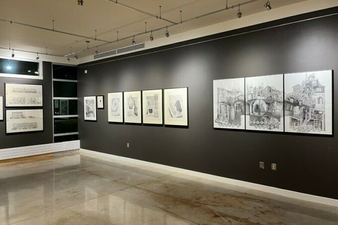 Architectural drawings on the wall of the Rouse Gallery.