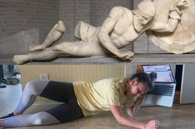 horizontal images on top of each other, the top is a stone medieval sculpture of a man laying on his side holding a shield in the air, the recreation is of a woman in the same position on the floor holding a laptop.