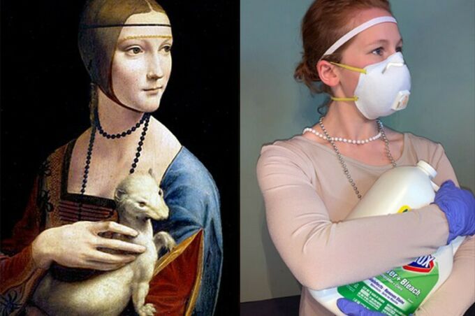 side-by-side images with the left being a medieval portrait of a woman holding an ermine, the recreated image on the right shows a simiarly posing woman holding a gallon Chlorox bleach, rubber gloves and a COVID-19 mask.