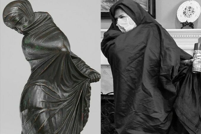 Side-by-side photo of and original art work and a recreation. The photo on the left is a grey sculpture of a dancer wearing a flowing cloak and the image on the right depicts a student posing in a similar fashion with a COVID-19 mask