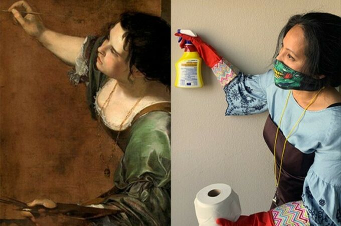 side-by-side images of a woman with dark hair standing sideways with her right arm raised and seemingly painting a wall, the recreation of the photo shows the woman in rubber gloves, wearing a COVID-19 mask cleaning the wall with Chlorox.