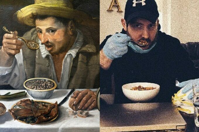 Side-by-side images of a man at a table facing the camera eating a bowl of beans, the image on the right is a recreation of the original medieval portrait and the recreation depicts the man wearing protective rubber gloves and a COVID-19 mask