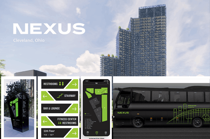 Examples of identity and wayfinding assets for the "Nexus" project.