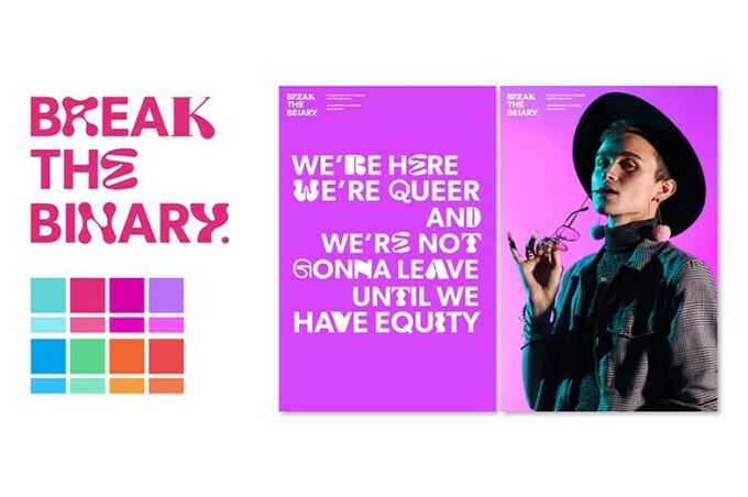 Break the Binary promotional text with a person on the right in a hat chewing on a pair of glasses.