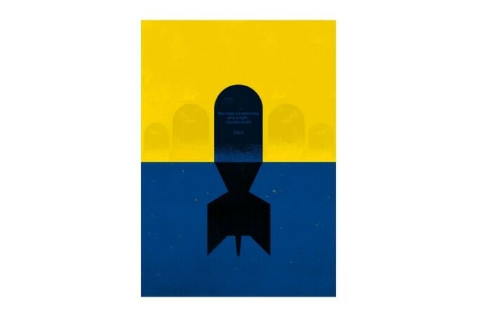 The flag of the Ukraine with a black missile atop containing the text "War does not determine who is right - only who is left. 2022"