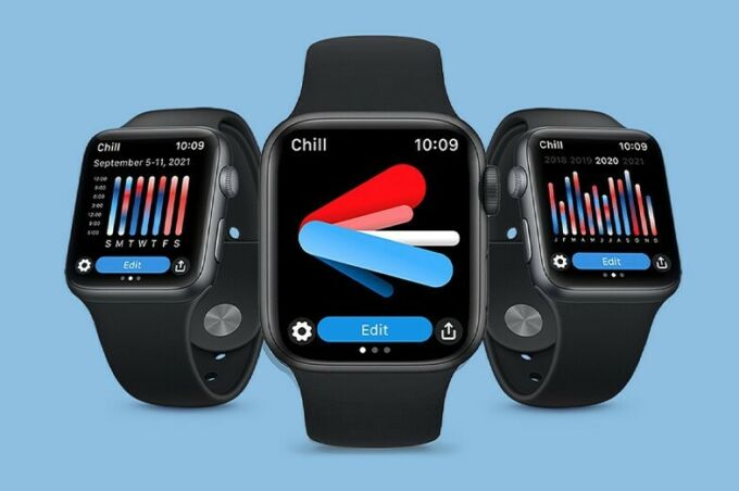 Three black smart watches that show a different screen in an app called Chill on a blue background.