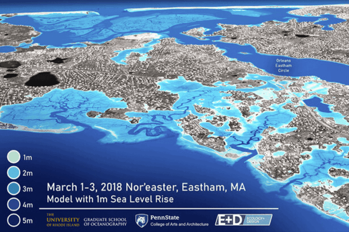 Realistic 3D visualization for Eastham, Massachusetts, along the Cape Cod National Seashore using Advanced Circulation (ADCIRC) modeling results of the March 2018 Nor'easter with 1.0 m sea level rise.