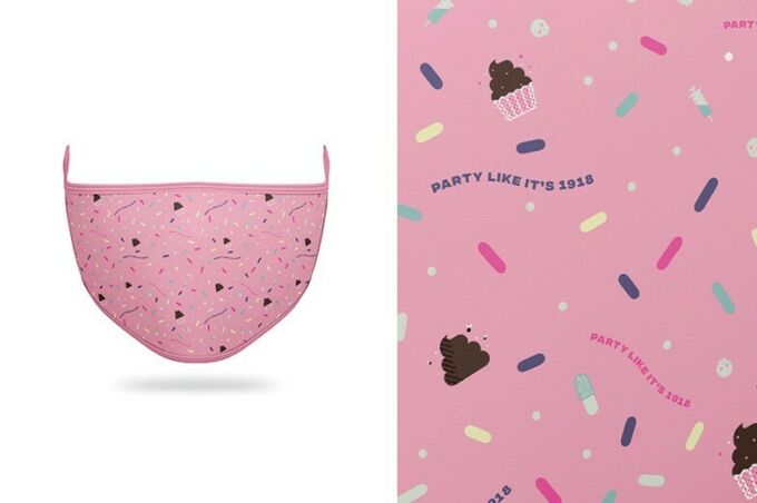 A split screen image of a pink face mask with the slogan Party Like it's 1918 featured among pieces of confetti at left. A closeup of the mask is on the right.