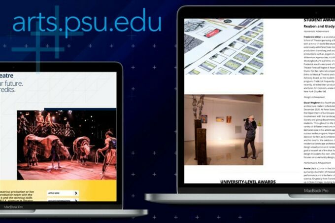 Two laptop computer screens showing arts.psu.edu website pages.