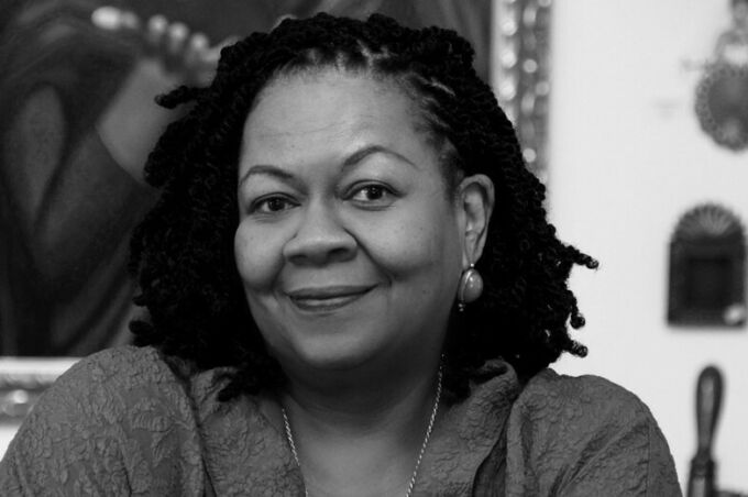 Black and white image of Anderson Lecture Series artist Kimberly Camp