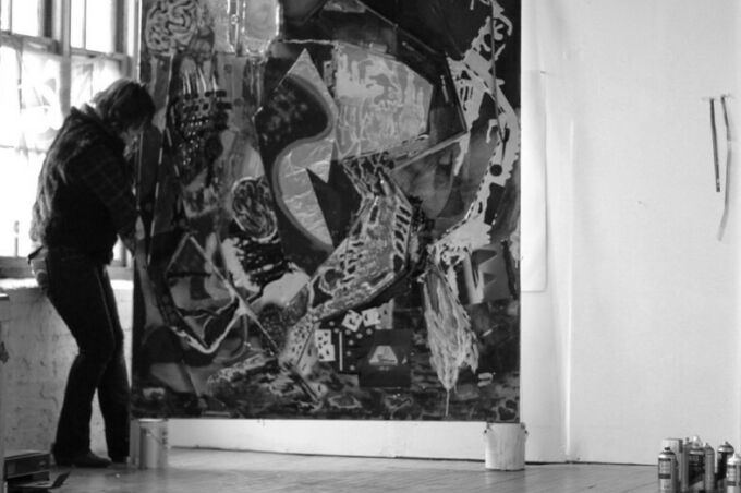 Black and white image of Anderson Lecture Series artist Molly Zuckerman Hartung painting