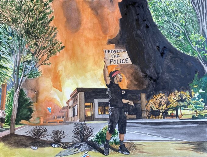Painting by Rudy Shepherd of a Black man holding a "Prosecute the police" sign over his head, with a burning building in the background.