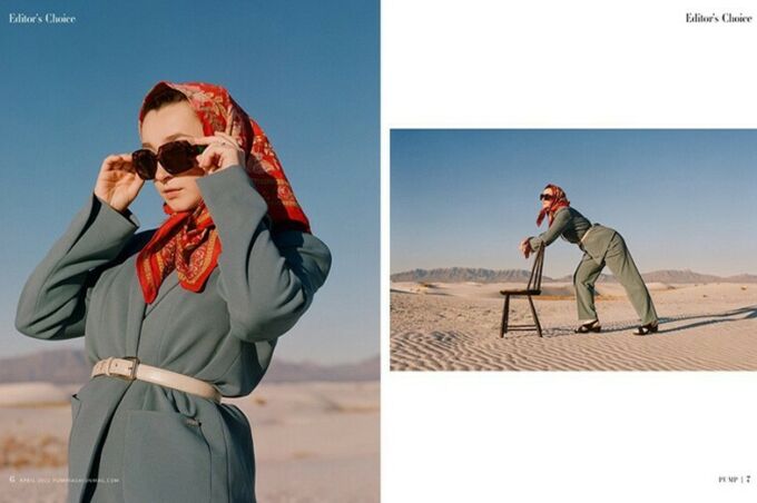 side by side images of a woman with a olive green business suit wearing a red head wrap and large sunglasses in the desert