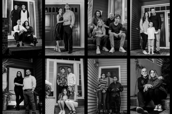 Black and white collage of family portraits taken on each family's front porch during the shelter-in-place orders.