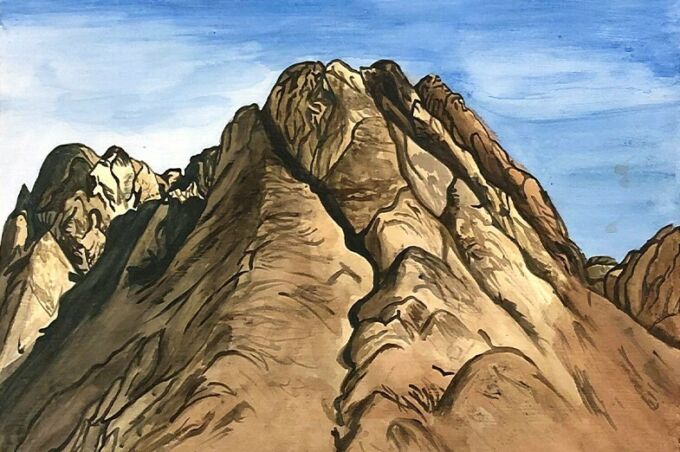 Painting of tall brown mountains with a blue sky