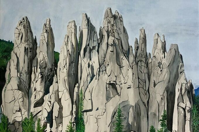 painiting of tall grey granite mountain tops with an overcast sky background