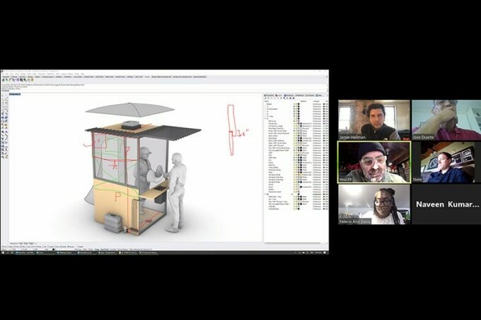 A split-screen image of the CAD rendering of the BOOTH at left and the researchers discussing the design via Zoom at right.