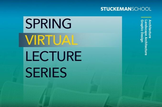 A blue and green screen across a row of empty audience seats with Spring Virtual Lecture Series text atop.