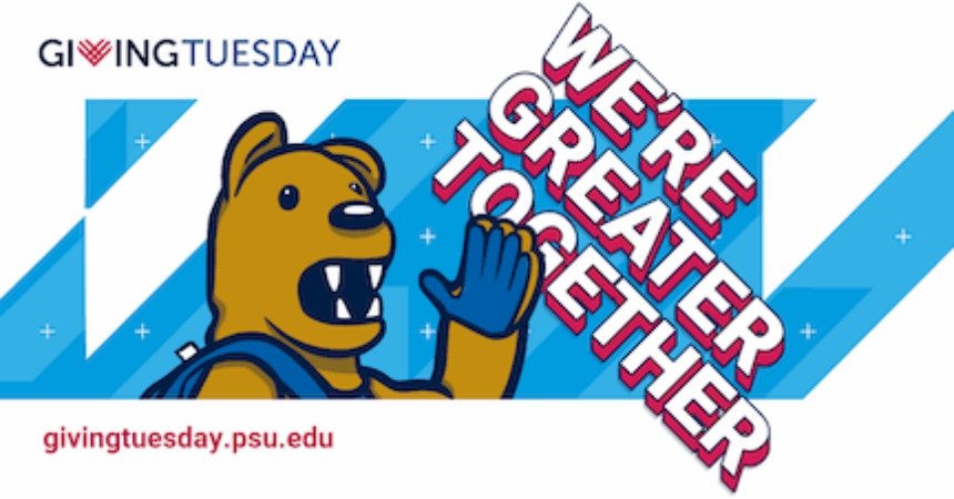 Graphic of Nittany Lion waving, with text "We're greater together."