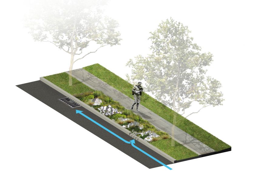 A rendering of stormwater flowing under street level as a man walks on the adjacent sidewalk.