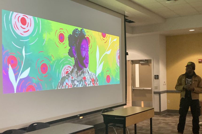 Projector screen with graphic image with vibrant colors of a black person's profile