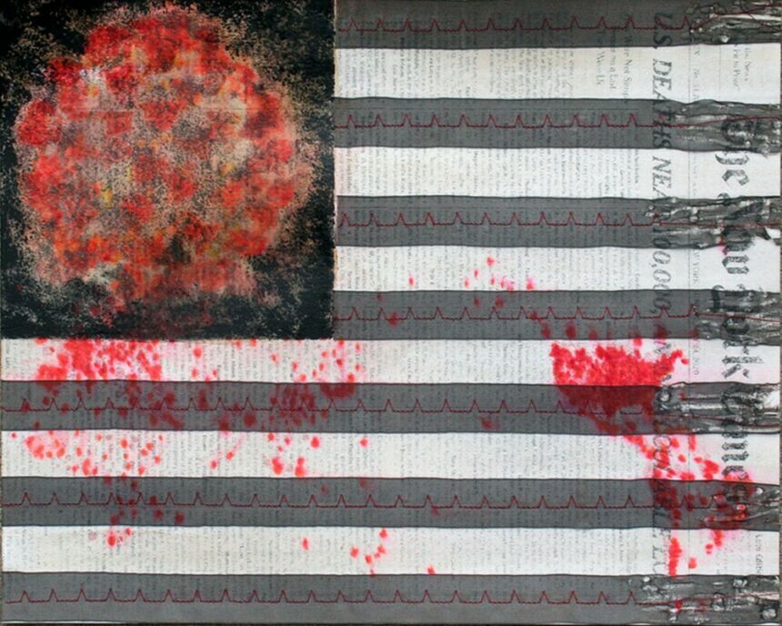 An image resembling an American flag with red coronavirus image in upper left and gray stripes